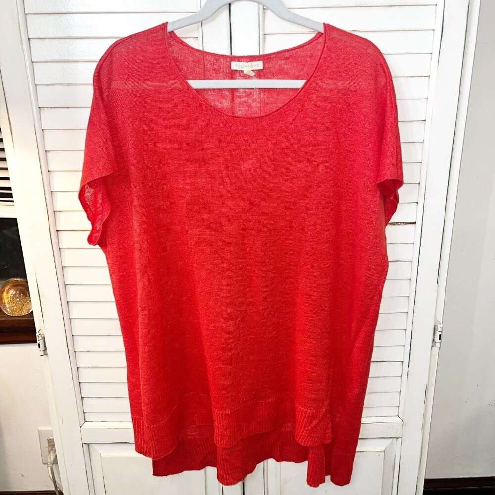 Eileen Fisher Womens Pullover Scoop Neck Tunic Top Size Medium Red 100% Linen
